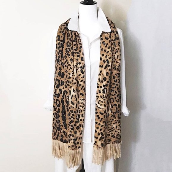 COLLECTION 18 Acrylic Long Scarf Animal Print Beige Black Brown Shimmery Fringe - Picture 3 of 11